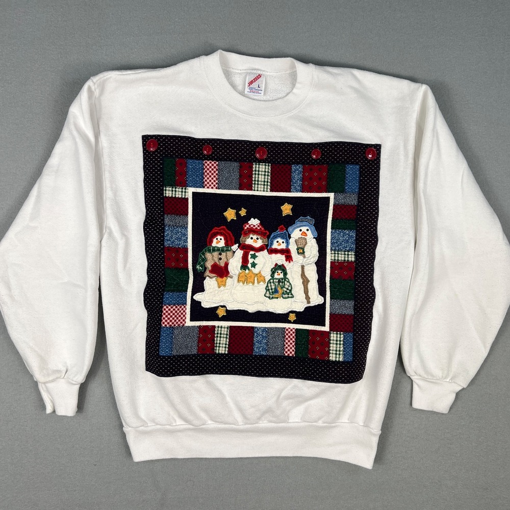 VTG Snowman‎ Christmas Sweatshirt Fits M Patchwork 1990s Quilt Grandma Ugly